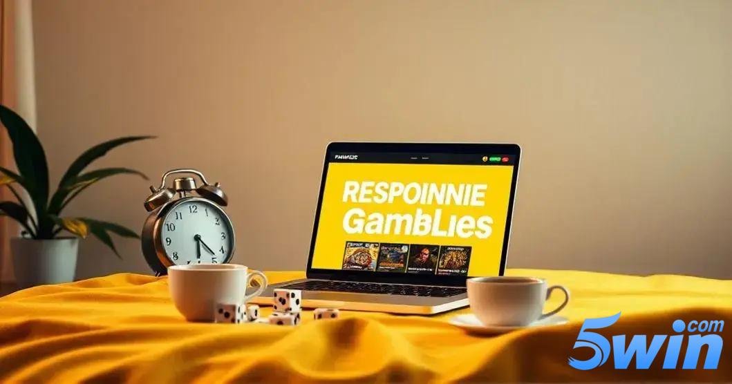 Computador portátil aberto em uma cama com lençol amarelo, exibindo uma página de apostas online com o texto 'RESPONSIBLE Gamblies' em letras grandes e brancas sobre fundo amarelo. Ao lado do laptop há duas xícaras brancas, uma delas com dois dados brancos ao redor. Atrás do computador, um relógio despertador prateado está em uma mesa pequena com uma planta verde ao fundo. No canto inferior direito da imagem, está a logo “5win.com” com letras em tons de azul e a palavra "com" em cima da letra "n" da palavra "5win".