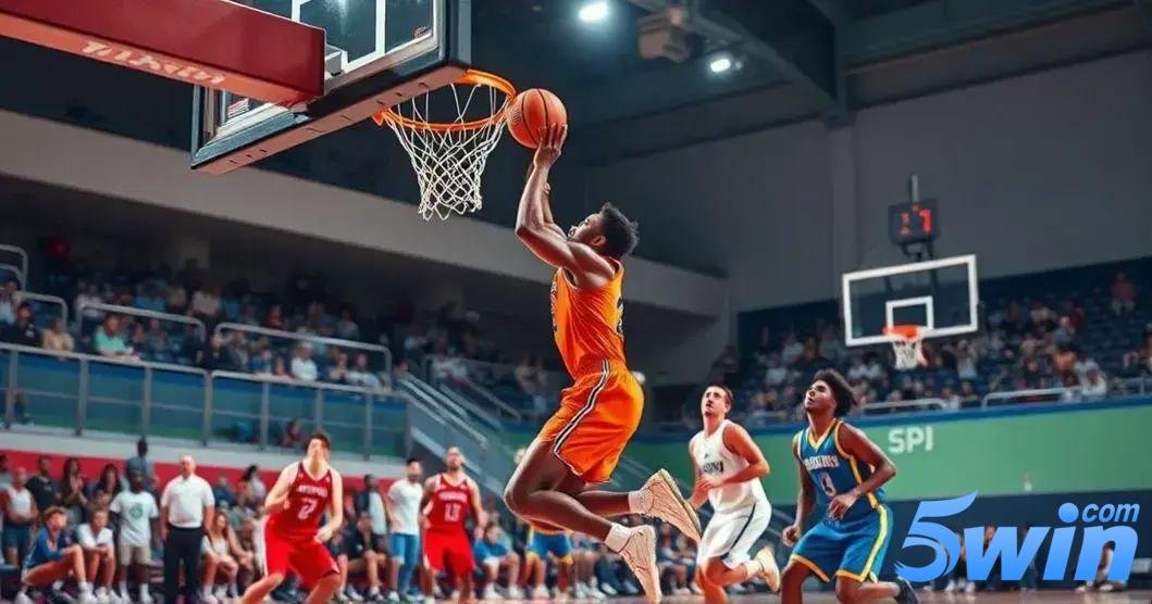 Cena de uma partida de basquete em quadra coberta, com um jogador vestindo uniforme laranja prestes a realizar uma enterrada no aro. Ao redor, outros jogadores observam, incluindo dois jogadores de uniforme vermelho à esquerda, outros de uniformes azuis e brancos no fundo e dois à direita. A torcida está nas arquibancadas ao fundo, enquanto o placar digital no canto superior direito mostra o tempo da partida. No canto inferior direito da imagem, está a logo “5win.com” com letras em tons de azul e a palavra "com" em cima da letra "n" da palavra "5win".