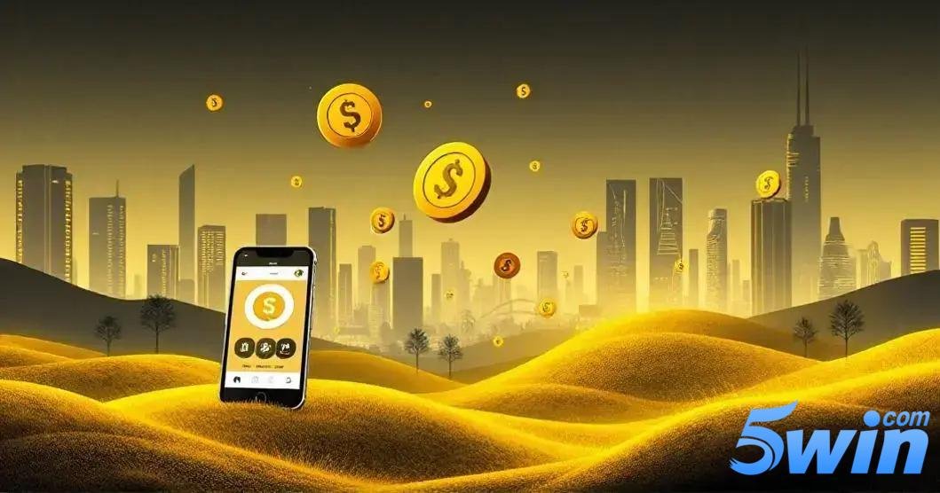 métodos de pagamento aceitos pela 5win Uma ilustração digital mostrando dunas de areia douradas com um smartphone central exibindo um símbolo de dólar, cercado por moedas douradas flutuantes também com símbolos de dólar, contra um fundo de arranha-céus da cidade silhuetados sob um céu crepuscular laranja. No canto inferior direito da imagem, est´´a a logo “5win.com” com letras em tons de azul e a palavra "com" em cima da letra "n" da palavra "5win". 