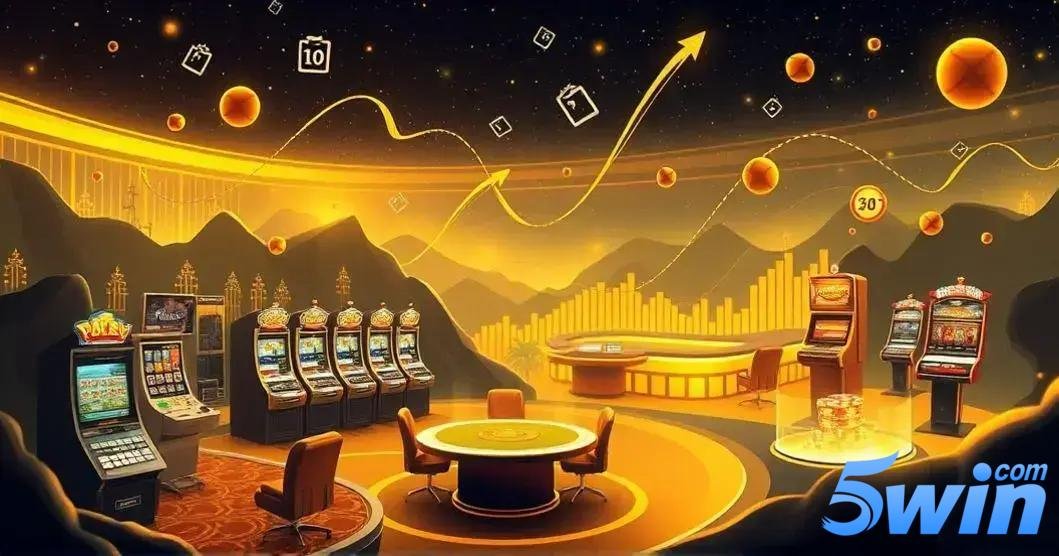 Ilustração de um cassino futurista iluminado por tons de dourado e amarelo, com várias máquinas caça-níqueis dispostas em fileiras ao longo do cenário. Ao centro, uma mesa redonda de pôquer com cadeiras, pronta para o jogo. Ao fundo, um balcão semicircular com uma área de cassino adicional no céu, gráficos abstratos com linhas ascendentes, ícones de cartas, números, e moedas flutuando no ar, sugerindo um ambiente de apostas e jogos com probabilidades. No canto inferior direito da imagem, está a logo “5win.com” com letras em tons de azul e a palavra "com" em cima da letra "n" da palavra "5win".