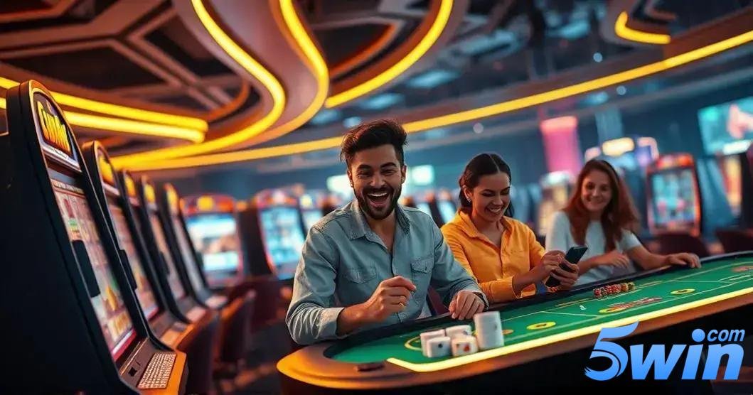 5win odds e cotas Três pessoas em um cassino iluminado, sentadas em volta de uma mesa de pôquer, uma delas sorrindo e segurando fichas, enquanto as outras duas usam smartphones. Ao fundo, há diversas máquinas caça-níqueis com luzes brilhantes. A imagem transmite um ambiente descontraído e animado de apostas. No canto inferior direito da imagem, está a logo “5win.com” com letras em tons de azul e a palavra "com" em cima da letra "n" da palavra "5win".