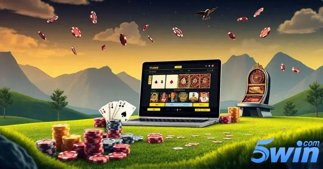 Imagem mostrando um ambiente virtual ao ar livre em um campo verde com montanhas ao fundo durante o pôr do sol. Ao centro, um laptop aberto exibe um jogo de cassino online com cartas, fichas de poker e ícones de slots na tela. Há pilhas de fichas coloridas espalhadas pelo gramado e cartas de baralho posicionadas à frente do laptop. À direita, uma máquina de caça-níquel também é visível. Fichas de poker parecem flutuar no ar, adicionando uma sensação de movimento e dinâmica. No canto inferior direito da imagem, está a logo “5win.com” com letras em tons de azul e a palavra "com" em cima da letra "n" da palavra "5win".