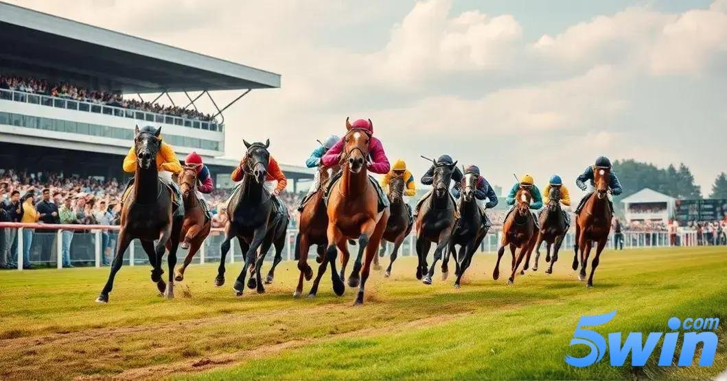 Corrida de cavalos em uma pista de grama em um hipódromo, com vários cavalos avançando em direção à câmera. Os jóqueis usam uniformes coloridos, com destaque para um cavaleiro com uniforme rosa, no centro da imagem, montando um cavalo marrom. À esquerda, vê-se uma arquibancada cheia de espectadores. O céu está parcialmente nublado, e ao fundo aparecem algumas árvores e estruturas associadas ao hipódromo. No canto inferior direito da imagem, está a logo “5win.com” com letras em tons de azul e a palavra "com" em cima da letra "n" da palavra "5win".