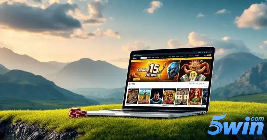 Imagem de um laptop aberto, exibindo um site de cassino online, com destaque para um banner promocional que menciona '15 Free Spins'. O laptop está sobre uma colina verde com uma paisagem montanhosa ao fundo, mostrando montanhas em camadas e um céu azul com algumas nuvens. Ao lado do laptop, há uma pequena pilha de fichas de poker vermelhas. No canto inferior direito da imagem, está a logo “5win.com” com letras em tons de azul e a palavra "com" em cima da letra "n" da palavra "5win". A imagem combina elementos de tecnologia e natureza, criando uma sensação de tranquilidade e entretenimento. Como apostar na 5win