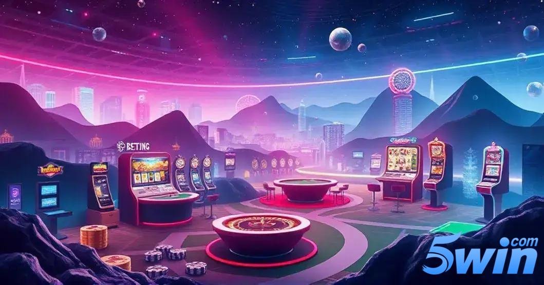 "Ambiente futurista de cassino virtual com montanhas e prédios iluminados ao fundo, cercado por uma atmosfera de cores neon em tons de roxo e rosa. A imagem mostra diversas máquinas de caça-níqueis, mesas de roleta e fichas espalhadas, com cadeiras prontas para jogadores. A presença de planetas e linhas brilhantes no céu reforça o cenário de ficção científica. No canto inferior direito da imagem, está a logo “5win.com” com letras em tons de azul e a palavra "com" em cima da letra "n" da palavra "5win".