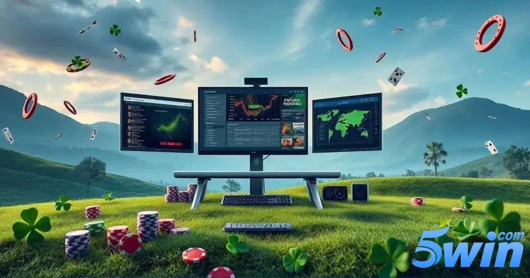 Imagem de um cenário ao ar livre com colinas verdes e um céu azul, onde três monitores de computador estão posicionados no centro, sobre uma superfície de grama. Os monitores exibem gráficos financeiros, mapas globais e informações digitais, sugerindo uma atividade de apostas ou jogos online. Em volta dos monitores, fichas de cassino, cartas de baralho e símbolos de trevo de quatro folhas flutuam no ar, reforçando o tema de sorte e jogos de azar. Ao fundo, montanhas suaves completam a paisagem. A logo '5win.com' está no canto inferior direito. 