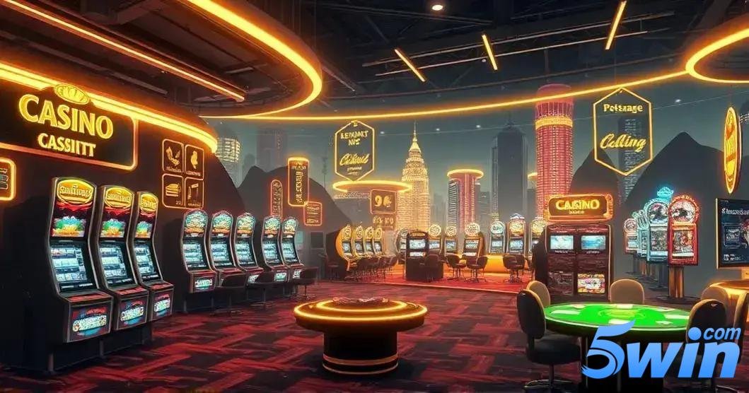 Vista interna de um cassino futurístico com luzes de néon amarelas e vermelhas, destacando máquinas caça-níqueis e mesas de jogos. À esquerda, uma série de máquinas caça-níqueis sob um grande letreiro que diz 'CASINO CASSITT', todas brilhando com luzes coloridas e exibindo telas com temas diversos. No centro, uma mesa de jogo redonda iluminada por baixo, cercada por mais máquinas caça-níqueis. À direita, há uma mesa verde para jogos de cartas com cadeiras ao redor. Ao fundo, diversos letreiros luminosos de marcas como 'Lemant No. 7' e 'Casino', junto a mais máquinas e mesas. A paisagem ao fundo mostra edifícios altos com neon que lembram uma cidade à noite, dando uma sensação de sofisticação e entretenimento urbano. No canto inferior direito da imagem, está a logo “5win.com” com letras em tons de azul e a palavra "com" em cima da letra "n" da palavra "5win".