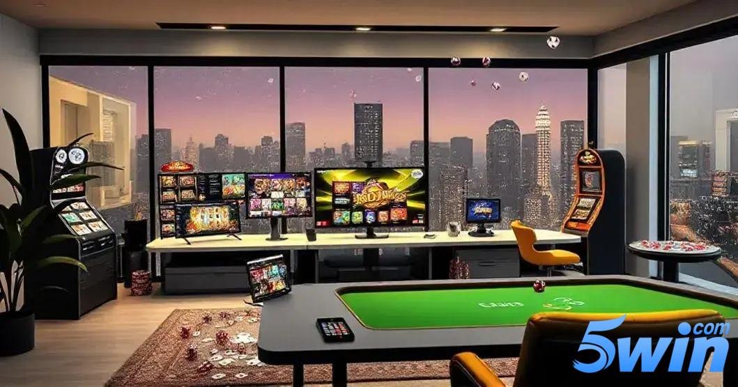 bônus de boas-vindas 5win Sala de jogos moderna ao entardecer com vista panorâmica do horizonte da cidade através de grandes janelas. A sala possui vários monitores de computador, cada um exibindo gráficos de jogos coloridos. À esquerda, há uma série de telas de máquinas caça-níqueis com exibições vibrantes e, à direita, monitores duplos de computador com visuais de jogos. Uma cadeira amarela confortável está posicionada em frente à mesa com os monitores. Em primeiro plano, há uma mesa de pôquer verde sem cartas ou fichas. O chão é adornado com um tapete vermelho com padrões, e a iluminação ambiente dá um brilho acolhedor à sala. No canto inferior direito da imagem, est´´a a logo “5win.com” co letras em tons de azul e a palavra "com" em cima da letra "n" da palavra "5win".