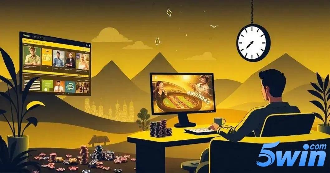 "Imagem ilustrativa de um ambiente de apostas online com o logo da 5win. Um homem sentado em uma mesa, olhando para dois monitores. No monitor à sua frente, há um jogo de roleta ao vivo com um dealer, enquanto no monitor à esquerda aparecem opções de diferentes jogos de apostas, incluindo fotos de apresentadores e ofertas. A mesa do homem está coberta por fichas de pôquer empilhadas, com um bloco de anotações, caneca e planta à esquerda. O cenário de fundo mostra montanhas amarelas sob um céu laranja com nuvens e uma cidade ao longe, enquanto um grande relógio está pendurado à direita. No canto inferior direito da imagem, está a logo “5win.com” com letras em tons de azul e a palavra "com" em cima da letra "n" da palavra "5win".