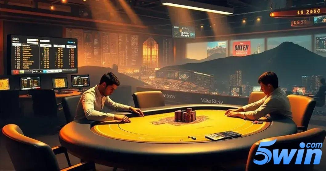 5win dicas e estratégias Imagem de dois jogadores sentados em uma mesa de poker em um ambiente fechado e iluminado. Os jogadores estão concentrados, com fichas de poker empilhadas no centro da mesa de jogo, que tem uma superfície dourada. Ao fundo, monitores exibem placares e estatísticas em tempo real, com várias telas menores que mostram jogos de cassino e informações sobre apostas. As paredes exibem gráficos e vistas de uma cidade ao longe, com montanhas no horizonte. A iluminação destaca a mesa de poker, criando um ambiente sofisticado de cassino. No canto inferior direito da imagem, está a logo “5win.com” com letras em tons de azul e a palavra "com" em cima da letra "n" da palavra "5win".