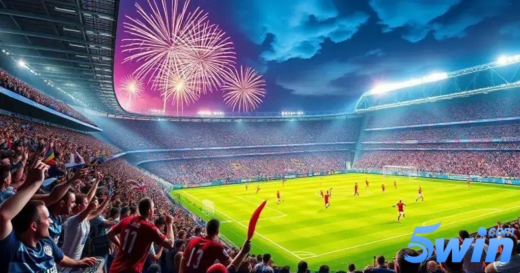 5win esportes disponíveis Estádio de futebol lotado durante uma partida, com torcedores vibrando nas arquibancadas. O jogo acontece à noite, com o céu azul escuro e nuvens, enquanto fogos de artifício coloridos iluminam o céu ao fundo. Os jogadores estão em campo, uniformizados de vermelho, disputando a bola, e o estádio está iluminado pelas luzes dos refletores. No canto inferior direito da imagem, está a logo “5win.com” com letras em tons de azul e a palavra "com" em cima da letra "n" da palavra "5win".