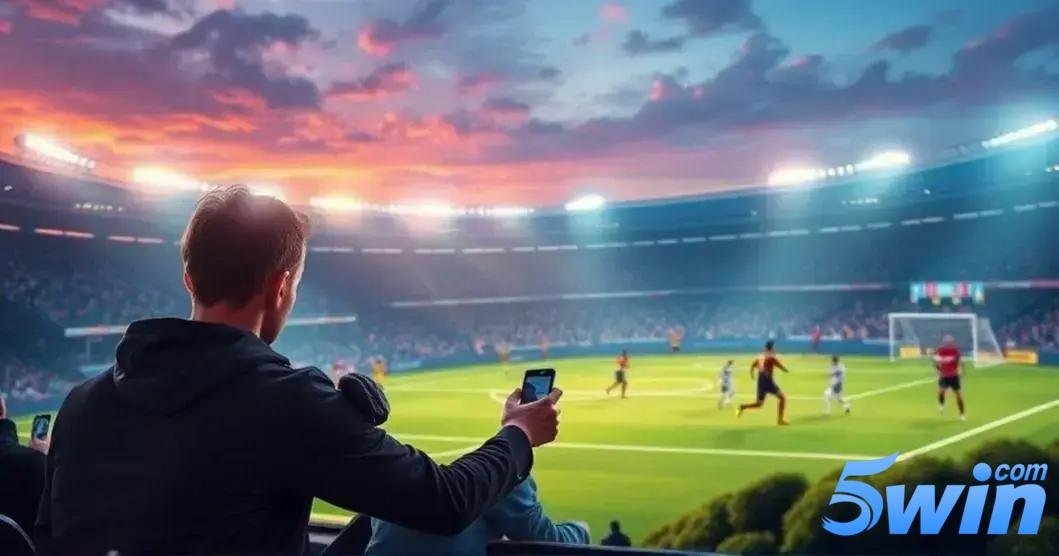 Imagem de um estádio de futebol ao entardecer, com céu em tons de laranja, roxo e azul, iluminado por refletores poderosos. No primeiro plano, um homem de costas, vestindo uma jaqueta preta, está sentado nas arquibancadas, segurando um smartphone e assistindo à partida. Dentro do campo, jogadores de dois times, um usando uniformes listrados em branco e azul e o outro em vermelho e preto, estão em ação durante o jogo, enquanto o goleiro está posicionado em frente à trave. O estádio está cheio de espectadores, e o ambiente reflete a emoção de uma partida ao vivo. No canto inferior direito da imagem, está a logo “5win.com” com letras em tons de azul e a palavra "com" em cima da letra "n" da palavra "5win".