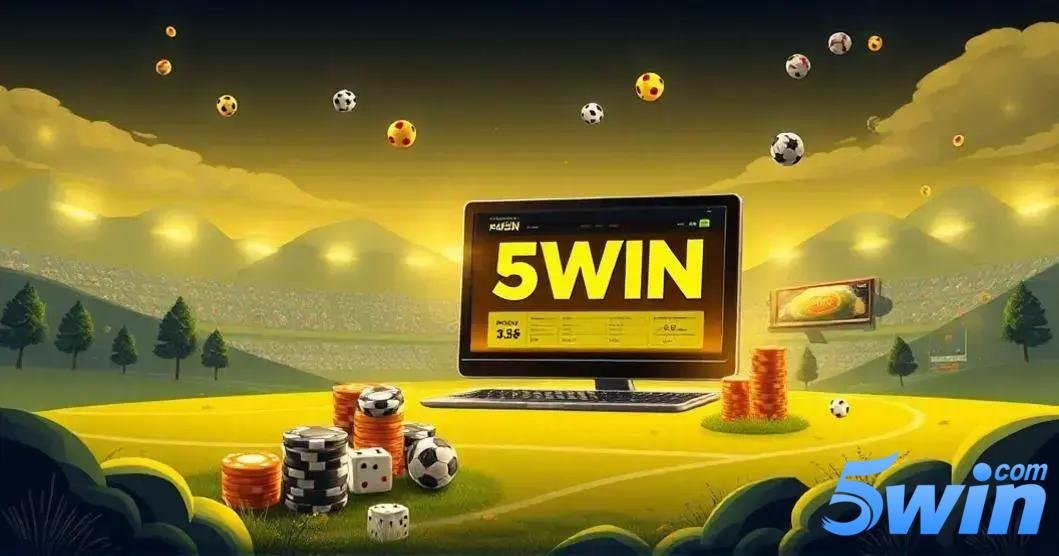 5win é confiável Ilustração digital de uma plataforma de apostas esportivas destacando o logotipo '5WIN' em uma tela de computador. O cenário é um estádio de futebol ao fundo, com arquibancadas iluminadas por refletores e árvores ao redor. Diversas bolas de futebol flutuam no céu, juntamente com moedas e fichas de cassino. Em primeiro plano, há uma pilha de fichas, dados e uma bola de futebol, representando a conexão entre apostas e esportes. No canto inferior direito, está presente a logo '5win.com'.