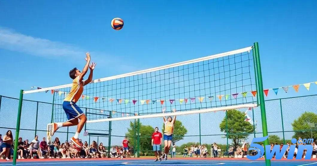 Jogo vibrante de vôlei ao ar livre em um dia ensolarado. A imagem captura um jogador no ar, vestindo uma camisa amarela e shorts azuis, enquanto se prepara para atacar a bola sobre a rede. Outro jogador, também com camisa amarela, está posicionado perto da rede, pronto para bloquear. A quadra de vôlei é cercada por uma cerca verde e bandeiras triangulares coloridas estão penduradas ao longo do topo da rede. Ao fundo, há uma multidão de espectadores sentados, assistindo ao jogo atentamente. O céu está claro e azul, e há árvores visíveis além da cerca. No canto inferior direito da imagem, está a logo “5win.com” com letras em tons de azul e a palavra "com" em cima da letra "n" da palavra "5win".